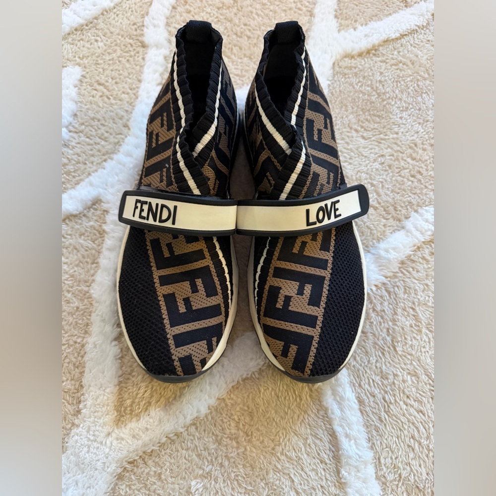Fendi Black & Brown FF Logo Knit Strap Sneakers